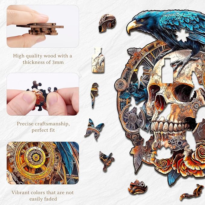 KAAYEE Wooden Puzzles for Adults, 3D Visual Effect Raven & Mechanical Skull - Image 4