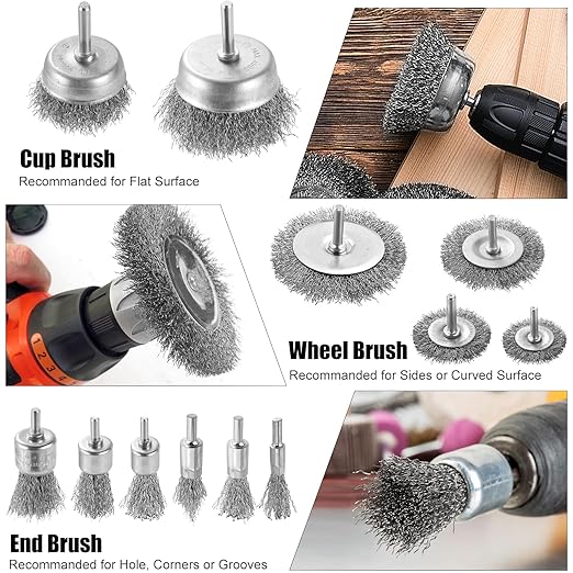 Wire Brush for Drill Set, 12Pcs Cup, Wheel & End Brush Kit with 1/4” Shank, Carbon Steel Drill Brush Attachments for Rust Removal, Stripping, and Abrasive