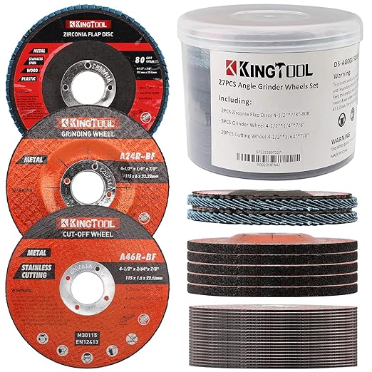 KingTool 27pcs Angle Grinder Wheel Set, Grinder Disc Set Includes 20pcs Cutting Wheel, 5pcs Grinding Wheel, 2pcs Flap Discs with 4-1/2" Diameter and 7/8" Arbor for Steel and Stainless Cutting Grinding