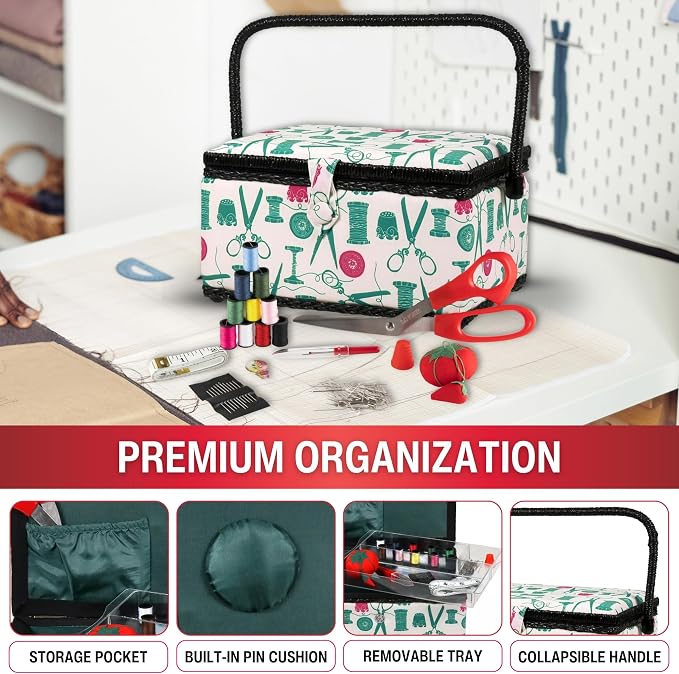 SINGER 07271 Basket with Sewing Notions Kit & Removable Tray-Vintage Spools - Image 3