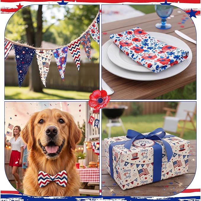 HunnmingRe 20 Pcs 10''x10'' Patriotic Quilting Fabric Square Red White Blue - Image 7