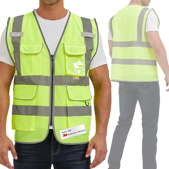 SIFE Reflective Safety Vest High Visibility Vest With 7 Pockets And YKK Zipper, ANSI/ISEA Class 2 Standard, Made With 3M Reflective Tape(03YG-Yellow Mesh,4XL)