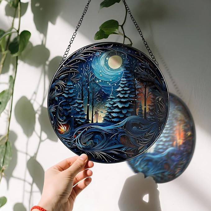 8-Inch Starry Night Forest Suncatcher Ornament, Stained Glass Window Hanging & - Image 3