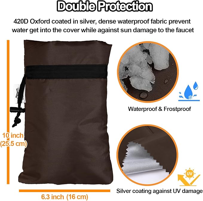 Enlarge Outdoor Faucet Cover for Winter Freeze Protection, 3M Thinsulate, 10"H x 6.3"W Hose Bib Covers for Wall Taps Outside, Waterproof & Frost Free Insulated Spigot Cover, 2 Pcs Faucet Socks - Brown