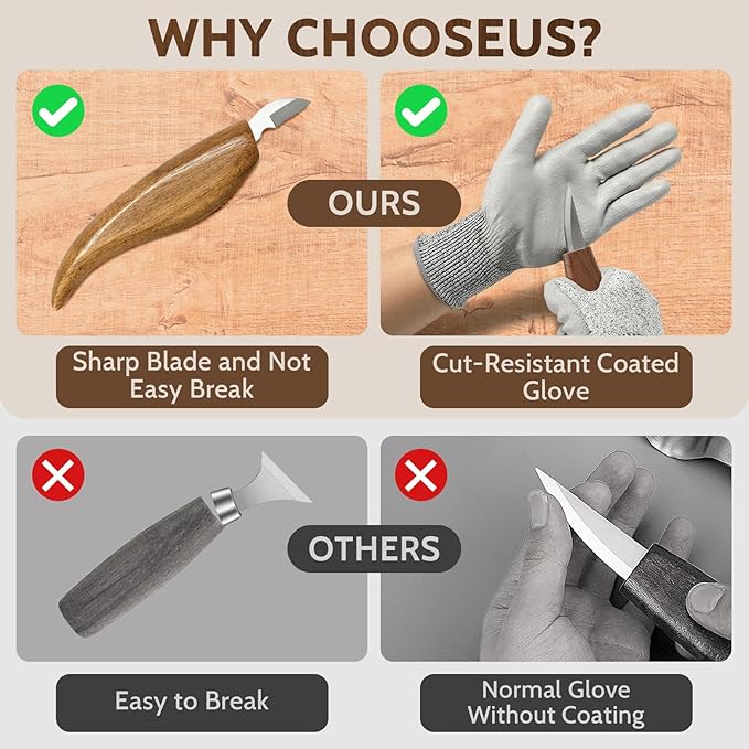 Wood Carving Tools Kit 20Pcs - Whittling Knife Set with Animal Wood Carving Blocks for Beginners, Woodworking Tools Gifts for Kids & Adults with Cut-Resistant Gloves & Large Leather Case