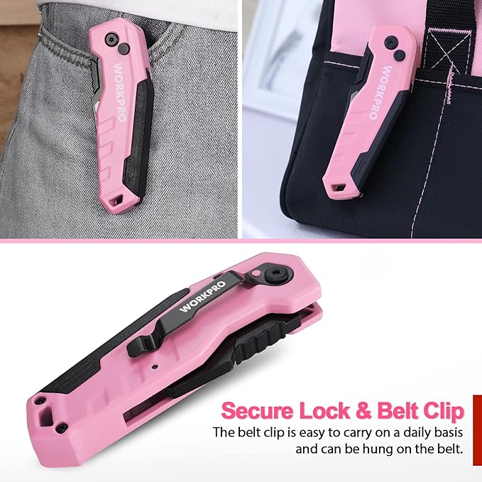 WORKPRO Folding Utility Knife, Quick Change Box Cutter, Razor Knife for Cartons, Cardboard, Boxes, Blade Storage in Aluminum Handle, 13 Extra Blades Included - Pink Ribbon