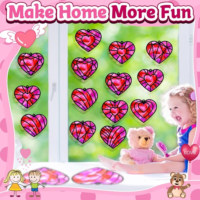 32 Sets Valentines Suncatchers Craft Kit DIY Heart Window Stained Glass Effect - Image 5