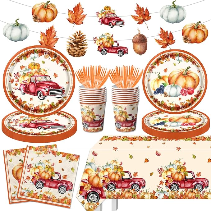 142Pcs Fall Party Plates and Napkins Party Supplies, Autumn Pumpkin Leaves by CMUSKO