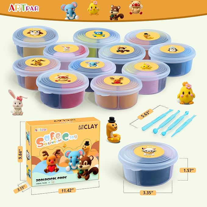 ARTPAR Air Dry Clay, 12 Animals Modeling Magic Clay Kit, Kids Crafts Gifts | - Image 2
