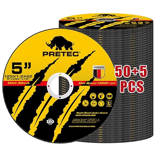 Cut Off Wheels 5", PRETEC 50+5 Pack Metal Cutting Wheel,Thin 125mm Metal & Stainless Steel Fast Cutting Discs for Angle Grinder - 7/8" Arbor Hole, 5" x 1/24" x 7/8" 55 PCS