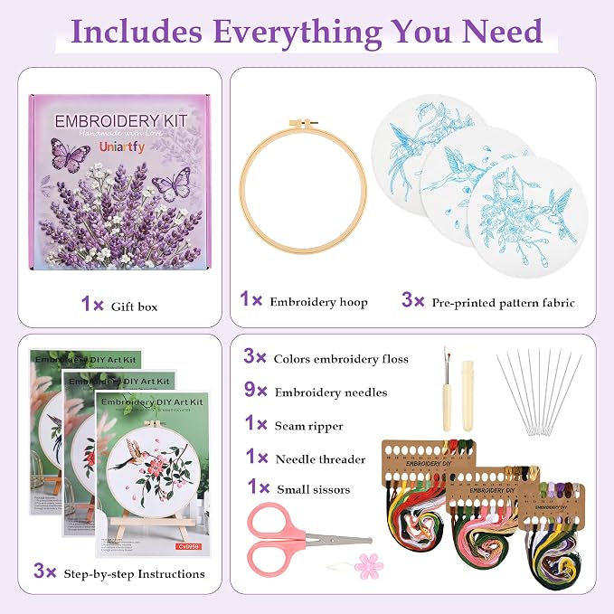 Embroidery Kit for Beginners, 3 Pack Hummingbird and Flower Cross Stitch Kits - Image 2