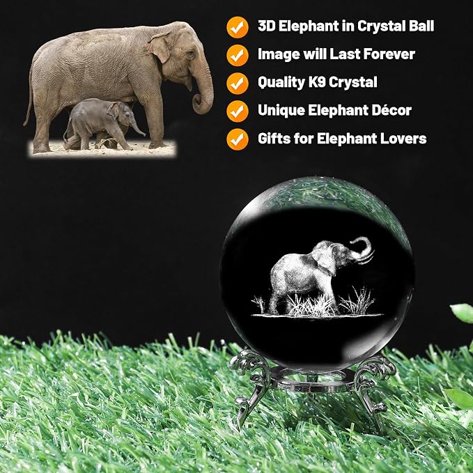 3D Elephant Crystal Ball with Stand Lase Engraved Glass Sphere Paperweight - Image 4