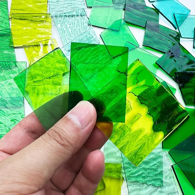 ILLUCKAI 2.2lb Irregular Stained Glass Scraps Sheets Green Mixed Collection - Image 3