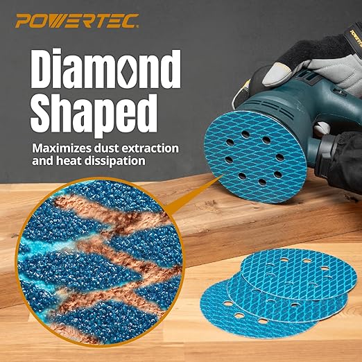 POWERTEC 5 Inch 8-Hole Hook and Loop Diamond Shaped Sanding Discs, 30-Pack Assorted Grits (60/80/120) for Random Orbital Sanders –J-Weight Cloth Backing for Long Life, Anti-Clog Sandpaper (44900)
