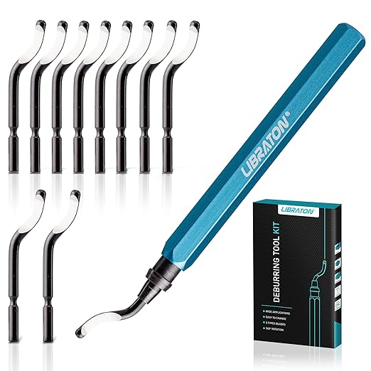 Libraton Deburring Tool with 11 High Speed Steel Blades (BS1010), 360 Degree Rotary Head Deburring Tool for Metal, Resin, Aluminum, Copper, Plastic, 3D Printing, Wood