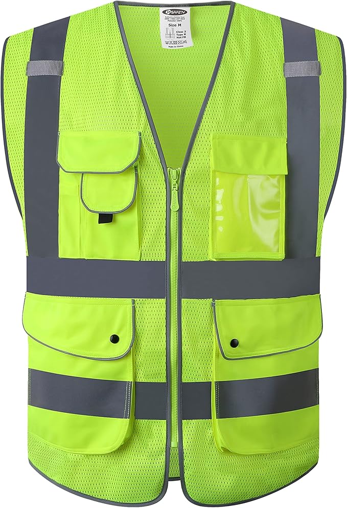 JKSafety 9 Pockets High Visibility Safety Vest for Men and Women, Hi-Vis Reflective Yellow Safety Vests with Zipper Front, Meet ANSI/ISEA Class 2 Type R(159-Yellow XL)