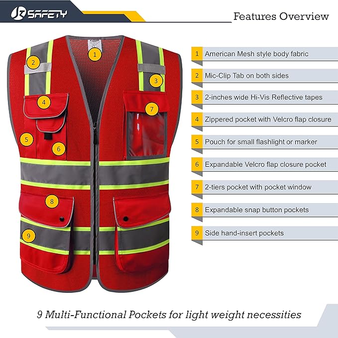JKSafety 9 Pockets Hi-Vis Neon Red Zipper Front MESH Safety Vest with Fluorescent Yellow Extend Edge outlining the Reflective Tapes Meet ANSI/ISEA Class 2 Standard (100-Red, X-Large)