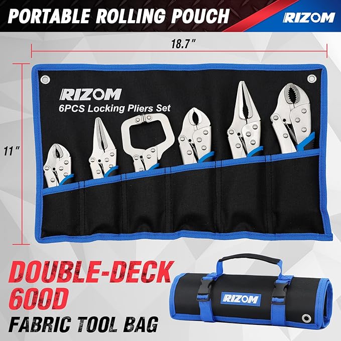 Rizom Vice Grips Pliers Set, 6-Piece Locking Pliers Set, 6-1/2”, 9-1/2” Needle Nose Vice Grips, 5”, 7” and 10” Curved Jaw Vise Grip, 6” C-clamp Locking Pliers, Fast Release with Rolling Pouch