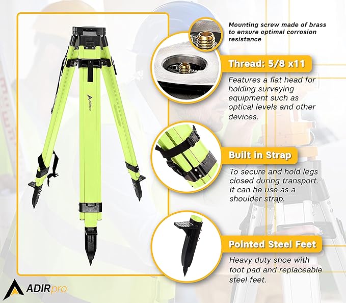 AdirPro Universal Survey Tripod – Laser Level Tripod – Transit Level Tripod - Quick Clamp - Heavy Duty Contractor Tripod 5/8” x 11” Thread (Green Aluminum)