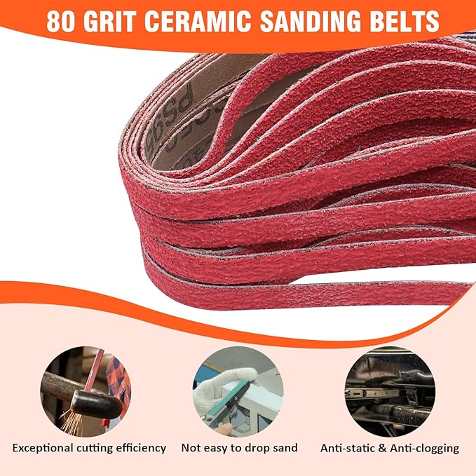 1/2 X 18 Inch Sanding Belts 80 Grit, 1/2x18 Inch Ceramic Sanding Belt for Belt Sander, Metal Finishing, Rust Removal, Woodworking, 20 Pcs