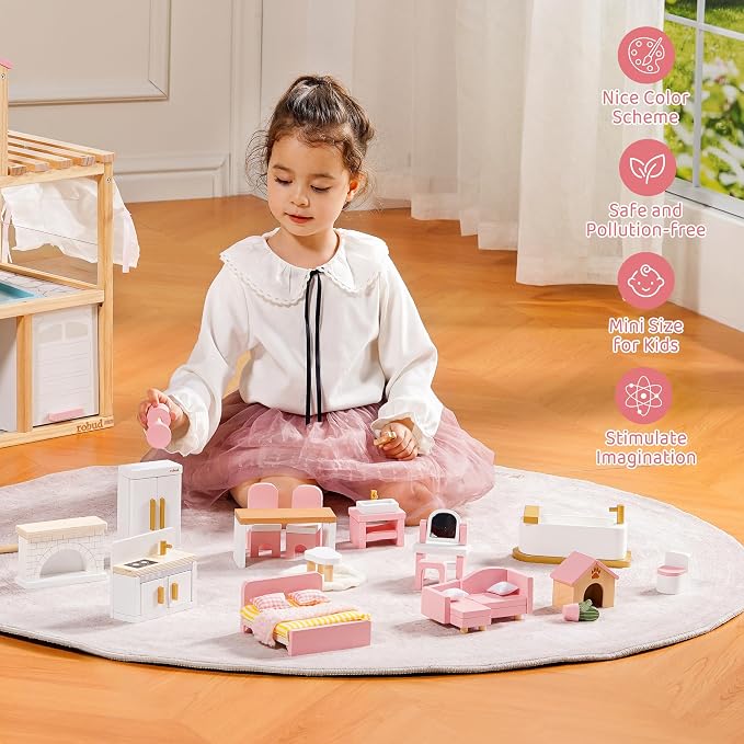 ROBUD Wooden Dollhouse Furniture Set, Miniature Furniture Including 6 Room Kits - Image 2