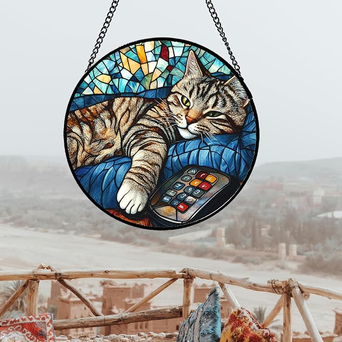 DASTOLL Stained Glass Window Hanging Gray Cat and Remote Control Large 15" - Image 5