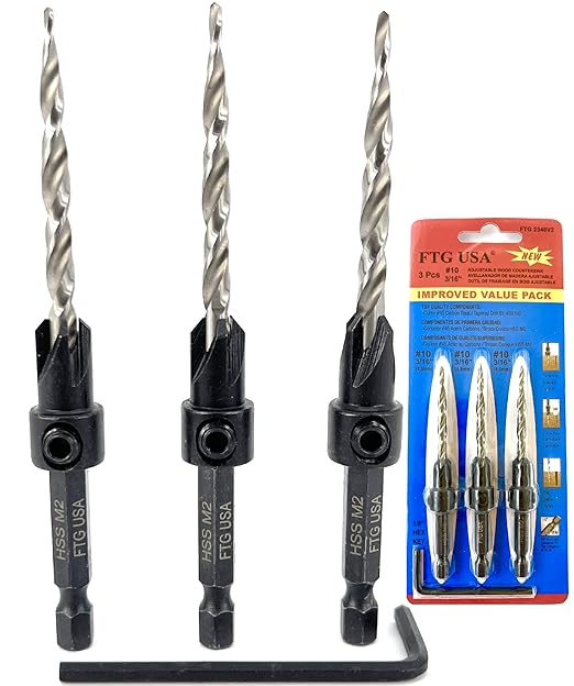 FTG USA Adjustable Wood Countersink Drill Bit Set 3 Pc #10 (3/16") with Tapered Drill Bits for Woodworking