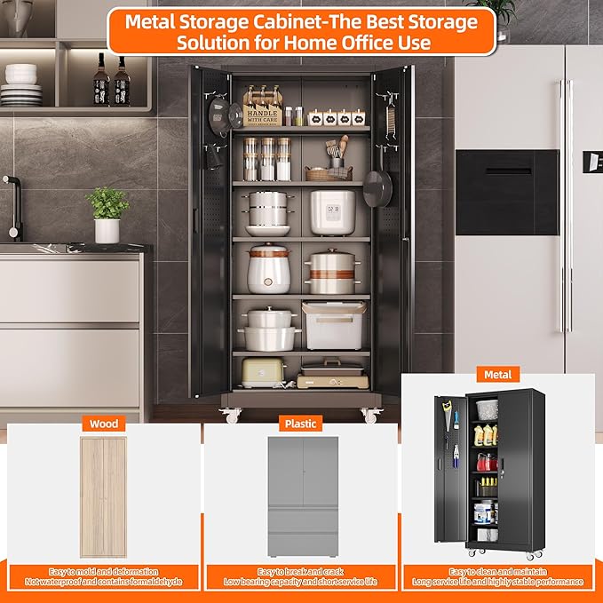 Metal Garage Storage Cabinet with Pegboard, 71''H*32" W*16" D Rolling Tool Cabinets on Wheels with 5 Adjustable Shelves for Garage Home Warehouse Utility Room, Assembly Required,Black