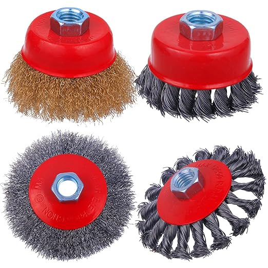 4 Inch Wire Wheel Cup Brush Set, Coarse Twisted Knotted Wire Wheel for Angle Grinder, 5/8 Inch-11 Threaded Arbor, 0.020" Carbon Steel Wire Brush for Grinder, Deep Sanding Heavy Rust, Paint