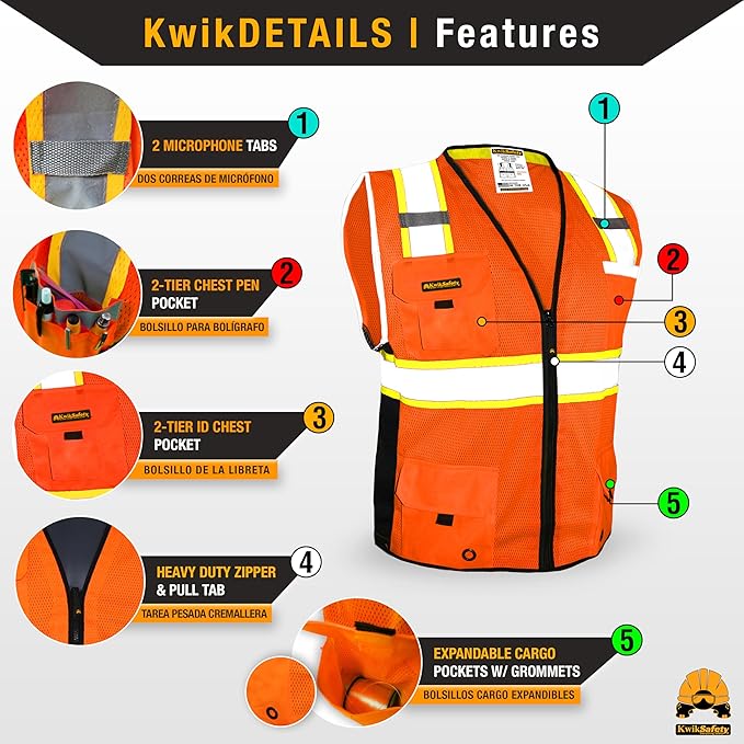 KwikSafety - Charlotte, NC - BIG KAHUNA Safety Vest [11 Pockets] Class 2 ANSI OSHA Reflective High Visibility Heavy Duty Surveyor Construction Lightweight Industrial Work Gear/Orange Large