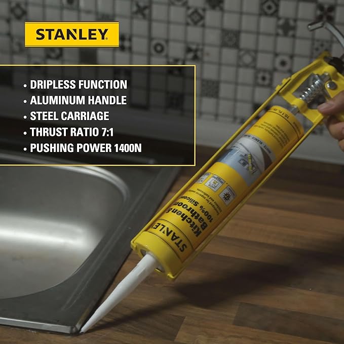 Stanley Caulking Gun - 10 Oz Silicone Sealant Gun with 1400N Pushing Power, No Drip Function, Steel Carriage & Aluminum Handle Sealant Gun | 7:1 Thrust Ratio, 1 Pack