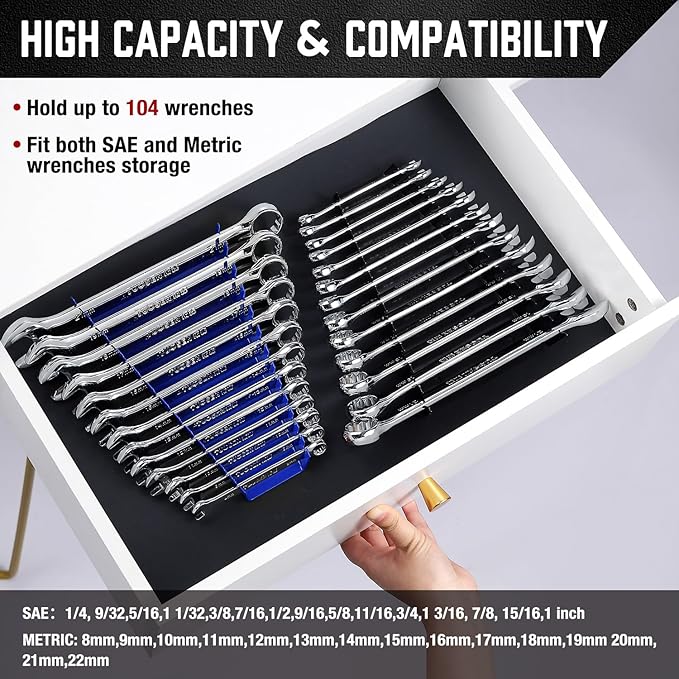 ALOANES 104-Slot Metal Wrench Organizer, Heavy Duty Wrench Organizer Tray for Tool Box, Fit SAE & Metric Wrench Storage, 8 Pack Wrench Holders(Blue)