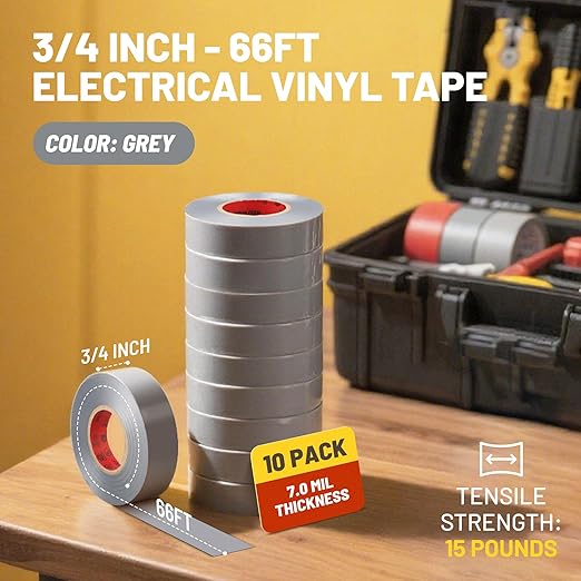 RED WOLF 10 Pack Gray Electrical Tape 3/4 Inch x 66 Ft Industrial Grade UL/CSA Listed 7 Mil Thick Flame Retardant High Temp Waterproof Electrical PVC Tape Electric Super Vinyl Rated 600V