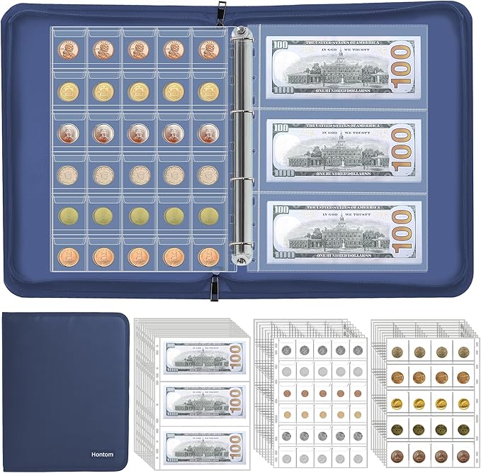 400-Pocket Fireproof Coin Collection Book & 36 Paper Money Organizer Binder | by Hontom