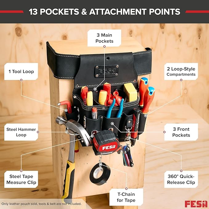 FESA Leather Electrician Tool Pouch - 13-in-1 Top Grain Leather Electrician Pouch w/Steel Hammer Loop, Tape Measure Clip, Tape T-Chain & 6 Pockets - Fits Belts up to 3" - Handcrafted