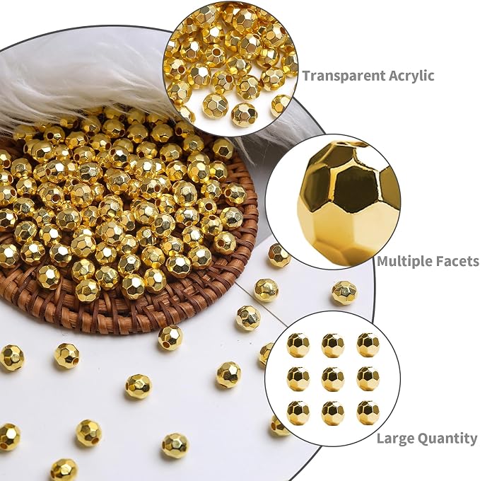 BONNY BOXX 500pcs 8mm Acrylic Faceted Round Crystal Beads Gold Loose Spacer - Image 2