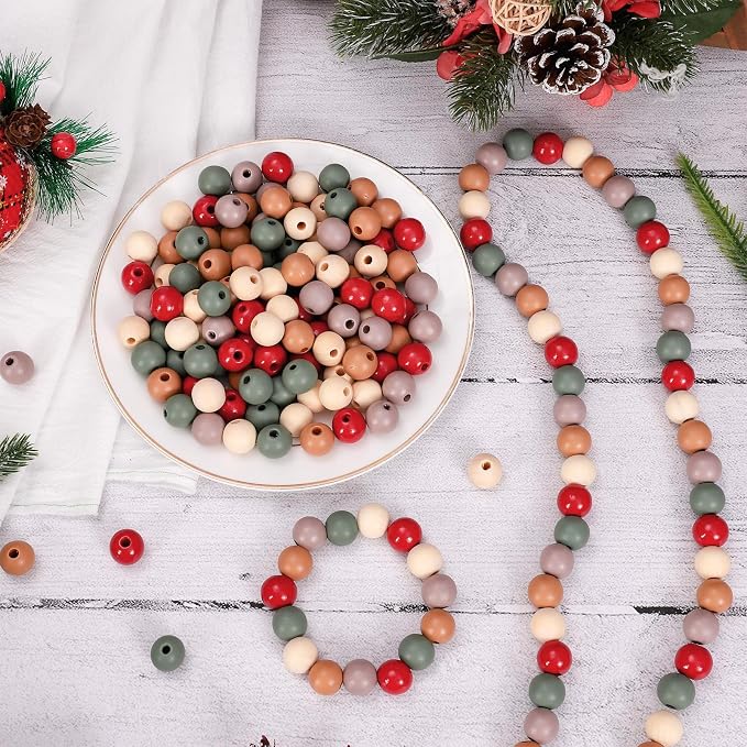 Whaline 240Pcs Christmas Wooden Beads Vintage Red Green Beige Round Loose Bead - Image 4