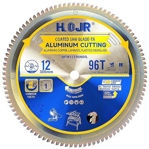 Aluminum Cutting Circular Saw Blade, Medium Aluminum,The Cutting Head uses a Special Anti-Heat Sticking Coating with high Finish and Long Life,NFM 12 inch 96-Tooth 1" -TA