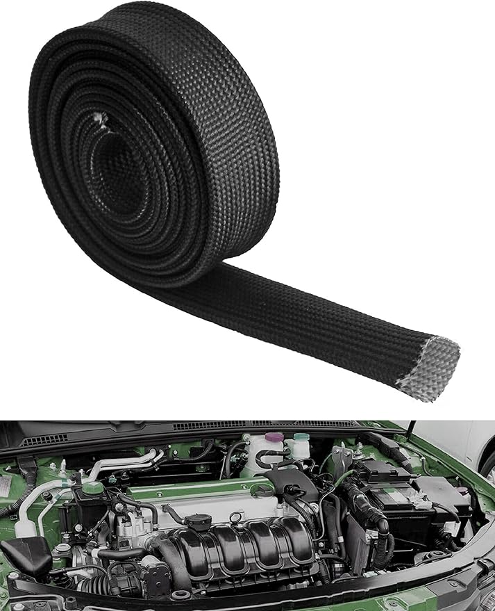 Fiberglass Hose Heat Shield Sleeve Spark Plug Wire Heat Protector Boots Auto Hose Roll 2500 Degree for Car&Auto Wire Loom Brake Line Cable (Black 1" IDX10')