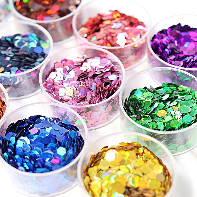12 Assorted Colors 3mm Holographic Extra Chunky Hexagon Glitter - Image 2