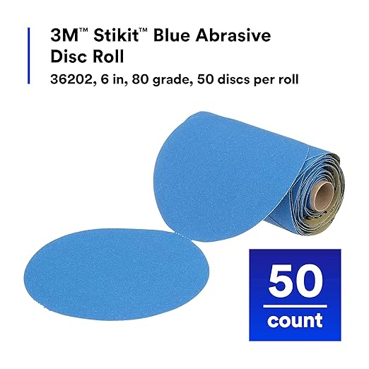 3M Stikit Blue Abrasive Disc Roll, 36202, No Hole, 6 in, 80+ Grade, Pack of 50, Automotive Sanding Discs for Coating Removal, Body Repair, Auto Sanding, Primer Sanding