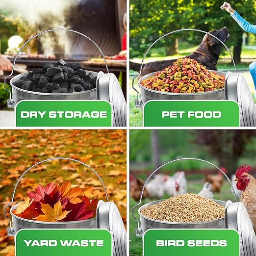 Plexon Metal Trash Can with Locking Lid Outdoor Storage Bucket for Bird Seed Ash Galvanized Steel 10-Gallon 2 Pack