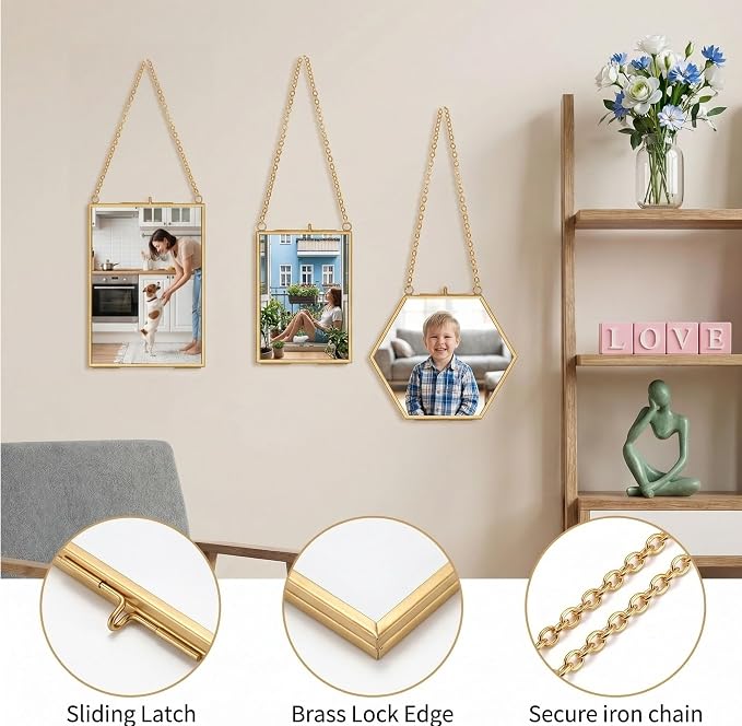 AVLA 3 Pack Pressed Flowers Glass Frames, Brass Hanging Picture Frames - Image 3