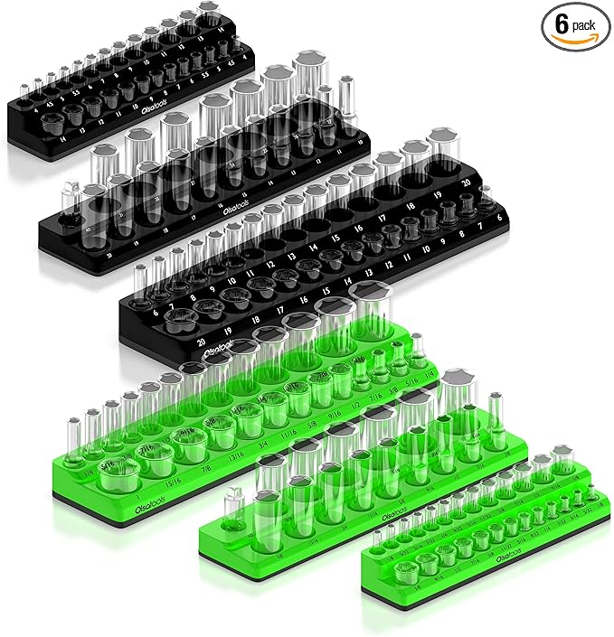Olsa Tools Magnetic Socket Organizer | 6 Piece Socket Holder Set | 1/2-inch, 3/8-inch, & 1/4-inch Drive | Metric Black, SAE Green | Holds 143 Sockets | Professional Quality Tool Organizers