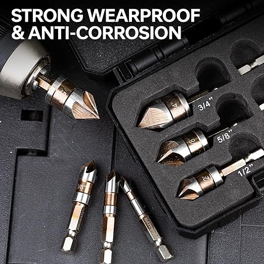 Countersink Drill Bit Set, M2 Cobalt HSS Countersink Drill Bits 6 Pieces 1/4 Inch Quick Change Hex Shank for Metal, Wood, Stainless Steel, Carbon Steel