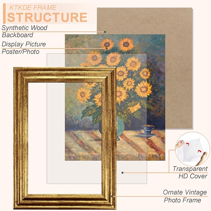 KTKDE 12x18 Picture Frame Set of 2, Ornate Vintage Gold Poster Frames - Image 2