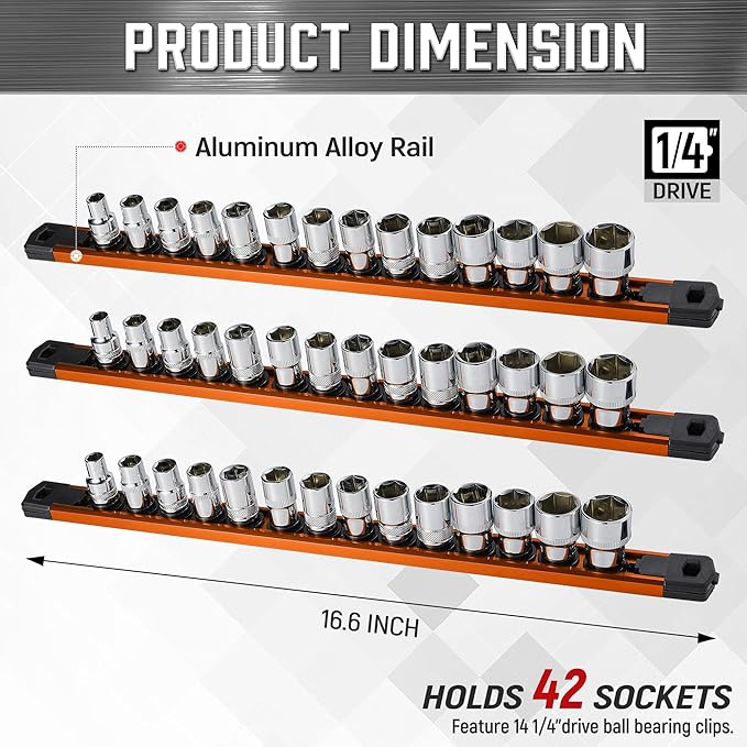 ALOANES 3-Piece Magnetic Socket Organizer, Heavy Duty Aluminum Socket Rails Organizer, 360° Swivel Clips Socket Holder Kit for Tool Box, 1/4-Inch Socket Holder x 42 Clips (Orange)