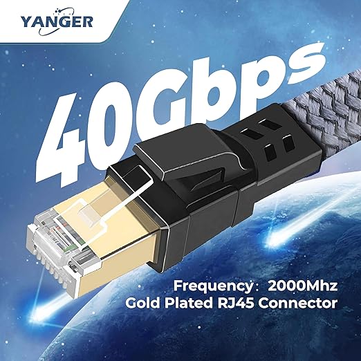 YANGER Cat8 Ethernet Cable 100FT，Nylon Braided High Speed Heavy Duty Network LAN Patch Cord, 40Gbps 2000Mhz with Gold Plated RJ45 Connector, Indoor&Outdoor for Modem/Router/Gaming/PC