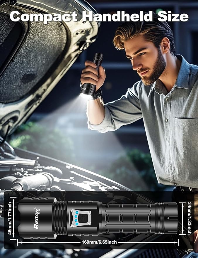 PHIXTON Rechargeable Flashlights High Lumens 2000 Super Bright Long Range 3280FT, Long Lasting 15H Powerful USB C LED Strong Flash Light High Powered, Heavy Duty, Zoomable, for Home Camping Gift