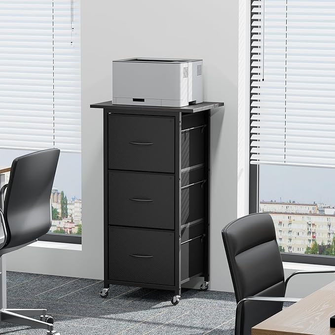 3 Drawer File Cabinet, Vertical Filing Cabinet with Wheels, Printer Stand with File Cabinet, Adjustable Hanging Rods, fits A4/Letter Size, for Home Office, Black FCBK5901